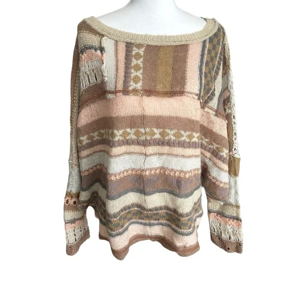 Free People December Skies Alpaca Wool Poncho Sweater Patchwork Boho Sz M Aztec - Picture 5 of 16